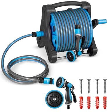 Juskys enrouleur de tuyau avec 30 m + 2 m de tuyau et pommeau multifonction - enrouleur de tuyau mobile avec support mural, buse — bleu gris foncé
