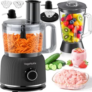 1500W Robot Cuisine Multifonctions, 2,5L Robot Cuisine et 2L Verre Mixeur Blender Combinés, Avec 2 Vitesses et Fonction Pulse pour Viande, Legume, Smoothie, Extraction de Nutriment et Plus Encore