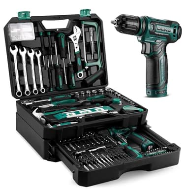 Caisse à Outil Complète: DEKO Boite à Outils 238 Pièces avec Perceuse Visseuse Sans Fil 12V - Boite à Outils Professionnelle avec Scie, Pince, Établi Portable et Rangeoutils pour Réparation - Vert