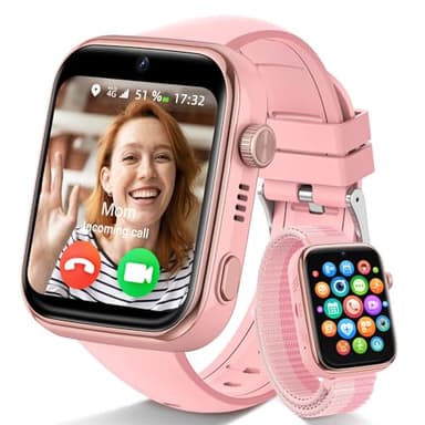 4G Montre Connectée Enfants, Montre Telephone Enfant avec Appels, Appels Vidéo, Chat Vocal, WhatsApp, Wi-Fi, GPS, SOS, Mode École, Podomètre Réveil Étanche IP68 Smartwatch pour Filles et Garçons Rose