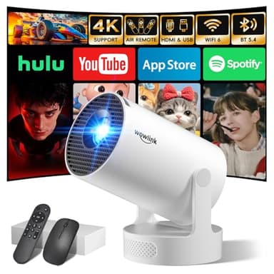 [Apps intégrées & 2026 Upgraded] Vidéoprojecteur avec WiFi 6 et Bluetooth 5.4 Mini Projecteur Supporte 4K 1080P Auto Keystone Rotation 180° Compatibile avec HDMI/TV Stick/Memory Stick/Laptop, Blanc