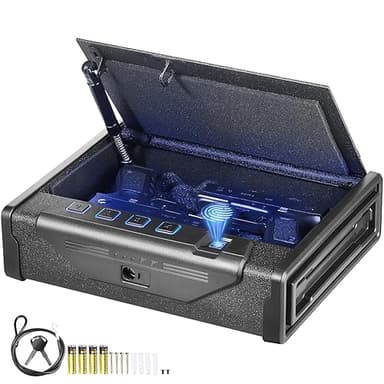 VEVOR Coffre-Fort de Pistolet en Acier Coffre-Fort Biométrique pour 2 Pistolets 3 Moyens de Déverrouillage par Empreintes Digitales Clés et Combinaison pour Bijoux Armes de Poing Voiture 28x18x5 cm