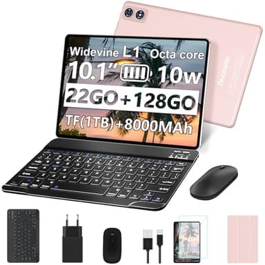 fezawio Tablette Tactile 10 Pouces Android 14, 22Go RAM+128Go ROM(Extensible 1To)|5MP+8MP|5G Wi-Fi|Certifié Widevine L1|Processeur Octa-Core|8000mAh|Clavier+Souris+Coque de Protection Inclus (Or Rose)