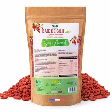 Baies de Goji BIO 1KG cueillies à la main au Tibet– Fruits 100% Naturels Séchés au Soleil - Superaliment Riche en Vitamines A, B, C, E – Source d'Antioxydants et Acides Aminés - SFB Laboratoires