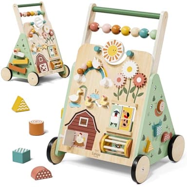 Lehoo Castle Chariot de Marche Bebe en Bois, Réglable Trotteur Bebe Garçon Fille avec Centre d’Activités, Baby Walker, Jouet Montessori Enfant 12 Mois+