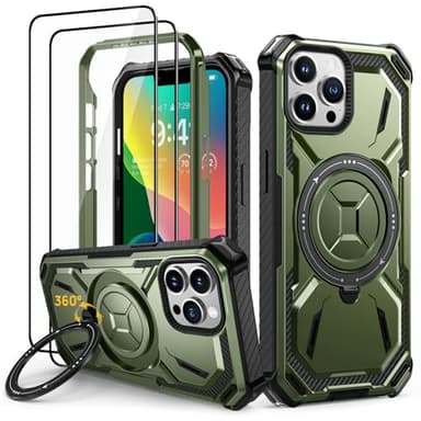 Lanhiem Coque pour iPhone 14 Pro Max avec 2 Verre Trempé, Antichoc Étui de Militaire Protection, Anneau Support Renforcée Armure Etui pour iPhone 14 Pro Max Housse, Vert