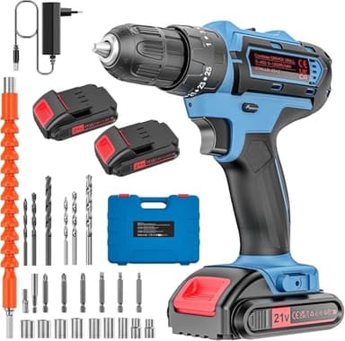 Perceuse Visseuse Sans Fil 21V avec Mallette – Kit Complet : 2 Batteries 2000mAh, 2 Vitesses, 25+3 Couples, Mandrin 10mm & 24 Accessoires – Pour Maison, Meubles et Bricolage