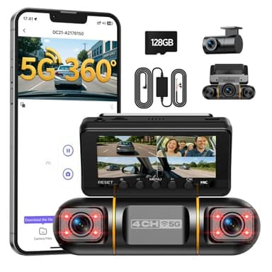 Volam 360° 4 Canaux Dashcam Voiture Avant Arriere, Écran 3.16" & 5GHz WiFi App Contrôle Caméra Embarquée Voiture avec Carte SD 128G, Vision Nocturne IR, 24H Parking Monitor avec Kit de Câblage Incluse