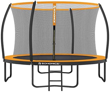 SONGMICS Trampoline Extérieur Enfant Diamètre 366 cm, Filet de Protection, Poteau Incurvé de 180 cm de Haut, Coussins de Sécurité, Échelle, Cadre en Acier, Noir et Orange STR122O01