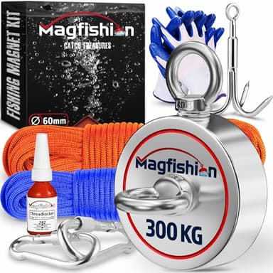 MAGFISHION Aimant Neodyme Puissant - Traction de 150KG - Aimant de Pêche - Ø60mm - Peche a l'aimant avec 2 Cordes, Crochet Triple et Gants - Kit de Pêche Super Magnétique