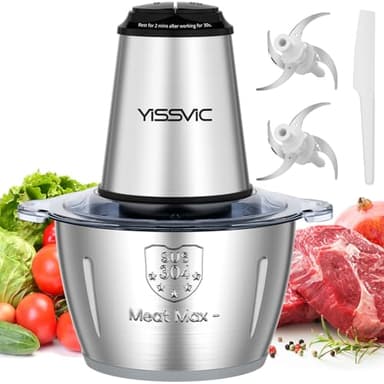 YISSVIC Hachoir Électrique 500W Mixeur Hachoir avec 2x4 Lames Bol Acier 2L Anneau Antidérapant 2 Vitesses Réglable Compatible Lave-Vaisselle Convient aux Fruits, Légumes, Viandes et Épices