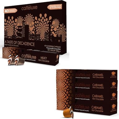 Capsules de chocolat chaud Caffeluxe compatibles avec Nespresso - Saveurs lait et caramel - 80 capsules