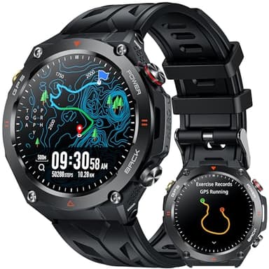 GPS Montre Connectée Homme avec Boussole: 1,45" Smartwatch Baromètre Altimètre Appel Bluetooth 650mAh Batterie Fréquence Cardiaque SpO2 Sommeil 100+ Mode Sport Étanche Fitness Tracker pour Android iOS