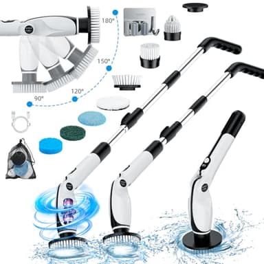 Brosse Nettoyage Electrique, Brosse de Nettoyage Electrique avec 4 Angles Réglables, 7 Têtes de Brosse, 3 Longueurs Réglables, 90 Min. d'Autonomie, 2 Modes de Vitesse, pour Salle de Bain, Sol, Voiture