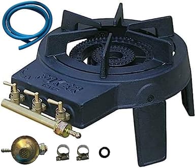 FOKER Kit Réchaud à Gaz Fonte 3 Robinets (8100W) - Avec Tuyau 1.50m et Détendeur Butane Inclus - Fabriqué en Italie - Brûleur Grand Format Prêt à l'Emploi pour Camping et Conserves