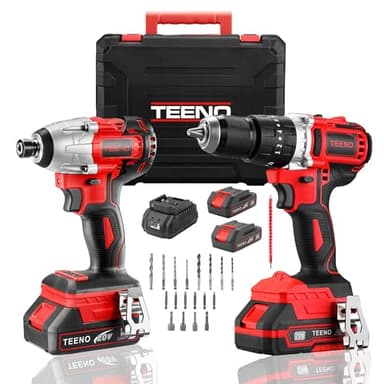 Kit Clé à Chocs + Perceuse Visseuse Sans Fil TEENO, 20V 90/45 Nm, 2 Outils + 2 Batteries 2.0Ah, 20+3 Réglages de Couple, 25 Accessoires Professionnels