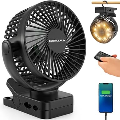 GOBRILLFUN Ventilateur à pince de 15,2 cm (6 pouces) 12000 mAh avec télécommande, rechargeable par USB avec lumières LED, 3 vitesses, ventilateur à piles avec minuterie (noir profond) (6 Inch)