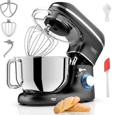 Fentic Robot Pâtissier – 2000W – Bol mélangeur en acier inoxydable (6,2L) – Avec fouet, Crochet pétrisseur et Batteur plat – Incl. et accessoires supplémentaires (Noir)