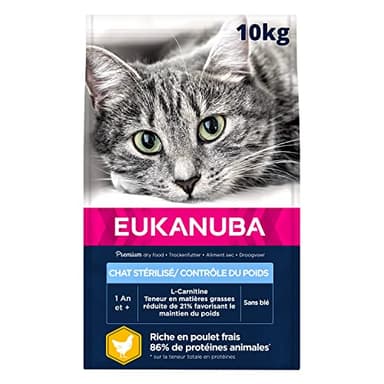 EUKANUBA - Croquettes Premium Chat Stérilisé ou en Surpoids – Adulte, Senior – Alimentation Complète et Equilibrée - Riche en Riz - Au Poulet Frais – Sans OGM, Sans Blé - Sac refermable – 10kg