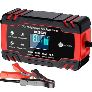 Husgw Chargeur Batterie Voitures 12V/24V 8A, Chargeur de Batterie Intelligent Moto avec Fonction Réparation, Maintien de Charge Auto, Écran LCD, pour Voiture Moto Camion, AGM, Gel, Wet, SLA (4-150 AH)