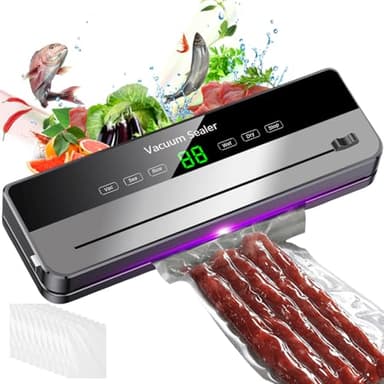 Machine sous vide 5 en 1 pour aliments avec 10 sacs sous vide de 20 x 30 cm, 65 Kpa, machine à souder amovible avec indicateur LED et coupe-aliments secs et humides (gris)