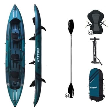 Wattsup - Kayak Gonflable - Gamme COD 3 Places - 460x85cm (15'1"x33") - 100% Haute Pression/Dropstitch - Pack Complet : Pagaies Double Sièges Pompe Sac de Transport - Jusqu'à 250 kg - Bleu