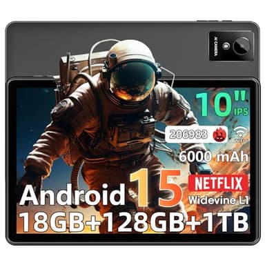 Tablet 10 pouces, Android 15 Tablets PC avec 18 Go RAM + 128Go ROM (1TB TF), IPS 1280 × 800,Widevine L1 Compatible Octa-Core Tablet avec WiFi 5G, T310 CPU, 5MP + 8MP, 6000 mAh,Face ID, Google Certifié