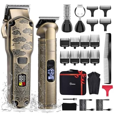Hatteker Tondeuse à cheveux professionnelle pour hommes Set de tondeuses à barbe et à cheveux T-Blade Trimmer lavable Kit d'entretien sans fil Tondeuse à nez et à corps Tondeuse Cheveux et Barbe Set