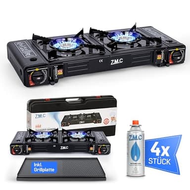 ZMC Réchaud à gaz de camping à 2 feux avec 4 cartouches de gaz de 227 g et plaque de cuisson, 2,5 kW avec adaptateur pour raccord GPL + mallette de rangement Kit réchaud de camping avec allumage