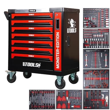 BM TOOLS Servante d'atelier 9/7 Monster-Edition-Red 7 tiroirs Pleins, 1 Porte & 1 tiroir Vertical - 257 Outils - sur roulettes