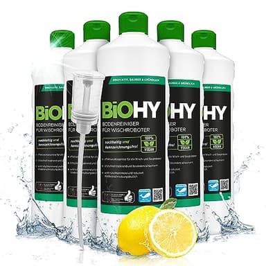 BiOHY Nettoyant de sol pour robot aspirateur laveur (6 x 1l Bouteille) + Distributeur | concentré pour tous les robots d'essuyage et d'aspiration à fonction humide (Wischroboter Frisch)