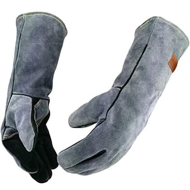 WZQH 36 CM, 500℃, Gant Cuir Barbecue Homme Femme, Moyen, Gants de Travail Pour Soudure,Cheminée,Four,BBQ,Jardinage,Jardin,Travaux,Electricien,Cuisine.Anti Chaleur Coupure, Noir-Gris M
