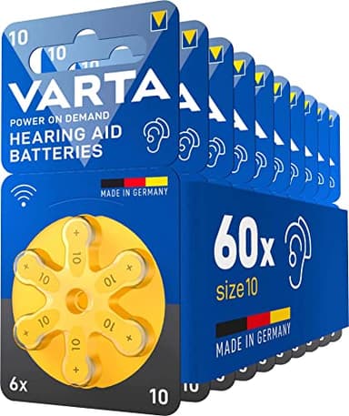 VARTA Piles auditives type 10, jaune, lot de 60, Power on Demand batteries pour Amplificateur Appareil Auditif, pour Aide Auditive, Made in Germany [Exclusif sur Amazon]