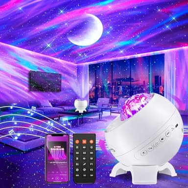 COOLNIGHT Projecteur Ciel Etoile pour Led Chambre, Veilleuse Enfant avec 15 Couleurs+ 5 Lunaires, Décoration Chambre Bluetooth avec 15 Bruits Blancs et Télécommande, Cadeau Fête des Mères, Blanc
