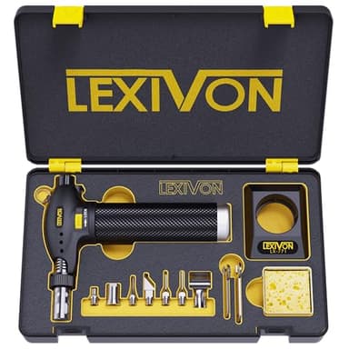 LEXIVON Lampe a Souder Gaz au butane, Kit de fer a au gaz sans fil au gaz butane, Outil de torches à température réglable, Station Soudage avec 7 Accessoires (1315℃~593℃) Équivalent 125-Watt (LX-771)