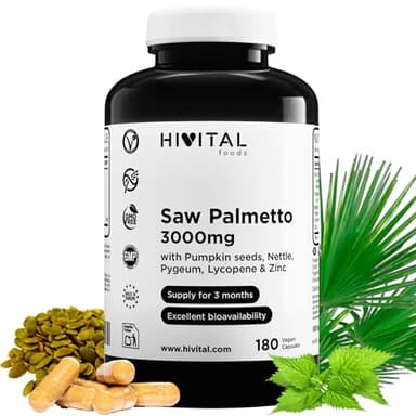 Saw Palmetto 3000 mg. 180 capsules vegan pour 3 mois de traitement. Avec Serenoa Repens, graines de citrouille, ortie, pygeum africanum, lycopène et Zinc. Fabriqué en Europe par HIVITAL