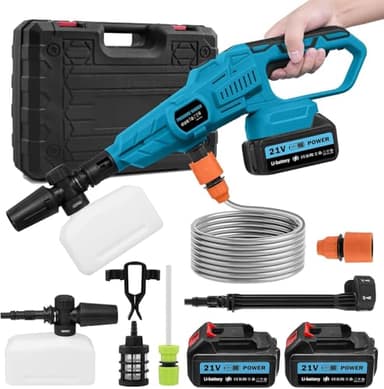 21V Nettoyeur Haute Pression sans Fil avec Buse Réglable 6 en 1, 120Bar, Pistolet à Eau pour Lavage De Voiture avec 2 Batteries, Pot en Mousse, Tuyau de 5 m, chaudière