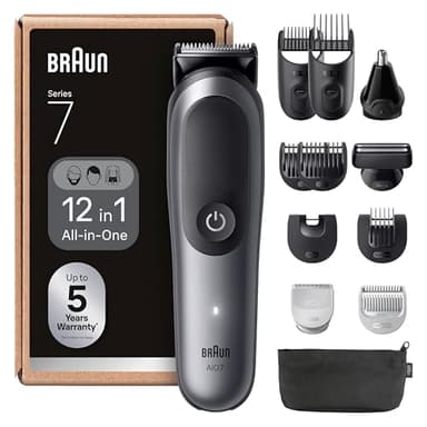 Braun Tondeuse Tout-En-Un Series 7, Kit 12-En-1, Lame ProBlade, Technologie AutoSense, 120 Min D'autonomie, Protection SkinGuard, Barbe En Dégradé, Manche AquaGrip Pratique Sous L'eau, AIO7545, Gris