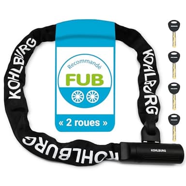 KOHLBURG Antivol Chaîne de Sécurité 125cm, homologué FUB 2 roues & Cadenas Velo avec Chaine d'Épaisseur en Acier spécial trempé, aussi comme Antivol Vélo électrique et Antivol Moto