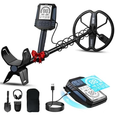 SUNPOW Détecteur de Métaux - Bobine Double D de 28 cm, Batterie au Lithium 35h, 10 Niveaux de Sensibilité, 4 Modes de Recherche, Rechargeable,7 Identifications de métaux, étanche IP68