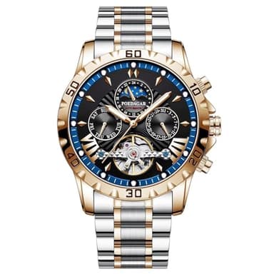 FORSINING Montre pour homme Tourbillon - Montre mécanique automatique à remontage manuel - Bracelet en acier inoxydable - Phases de lune - Montres mécaniques - Affichage analogique de la date, bleu