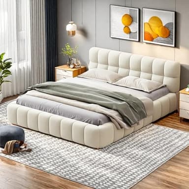 Générique Lit Double 140x190 à Bulles rembourré, Lit capitonné avec sommier à Lattes et Dossier Souple, Cadre de lit pour Adolescents et Adultes, Plat, Lin, Beige, sans Matelas