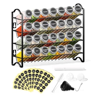 Enjoior Étagère à Épices avec 28 Pots en Verre & 120 Étiquettes - Organisateur de Cuisine Mural ou Posable - Système de Rangement Épices Français (Noir)