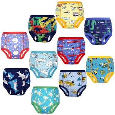FLYISH DIRECT Culottes Apprentissage 100% Coton, Lot de 10 slip d apprentissage pour Garçons et Filles, Culotte Absorbants Enfant, Réutilisables et Lavables, Mélange Dinos et Véhicules, 3 ans