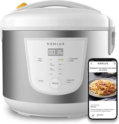 NEWLUX - Robot de cuisine multifonction 5L SmartChef V50 avec cuve antiadhésive, programmable 24h, 9 fonctions et 8 menus automatiques. Maintient au chaud pendant 24h, Blanc