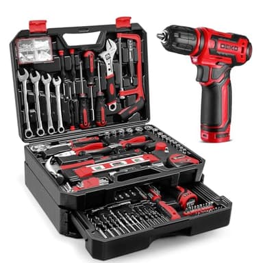 Boite à Outils Complète: DEKO Caisse à Outil avec Visseuse Sans Fil 12V 12N.m, 800RPM - Malette Outils 238 Pièces avec Mèches, Tournevis, Clés et Accessoires - Rouge