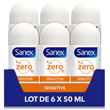 SANEX - Déodorant à Bille 0% Sensitive - Déodorant Homme & Femme - Efficacité 24h - Sans Alcool, Sans Sels d'Aluminium - Lot de 6 Roll-On de 50mL