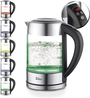 Zilan, Bouilloire en verre LED, différentes couleurs, écran numérique, 1,7lt, 5 réglages différents, Bouilloire sans fil avec corps en verre à haut borosilicate à 360°, 2200W