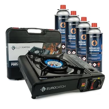Eurocatch Outdoor - Réchaud à gaz - incl. 4 cartouches de gaz - Réchaud de camping - Brûleur à gaz - Cuisinière à gaz - Plaque de cuisson - Cuisinière - Mallette de transport