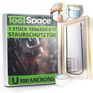 ToolSpace | Porte de Protection Anti-Poussière avec Fermeture Éclair | 220 x 120 cm | TYPE U | Facile Montage | Réutilisable, Durable | Zippée | Bache de Protection Transparente Rénovation